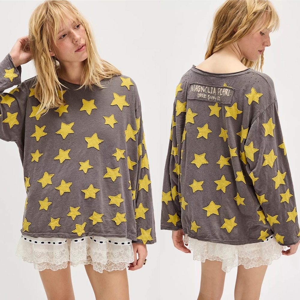 Magnolia Pearl Star Appliqué Viggo Tee Shirt Gray Yellow NEW with tags